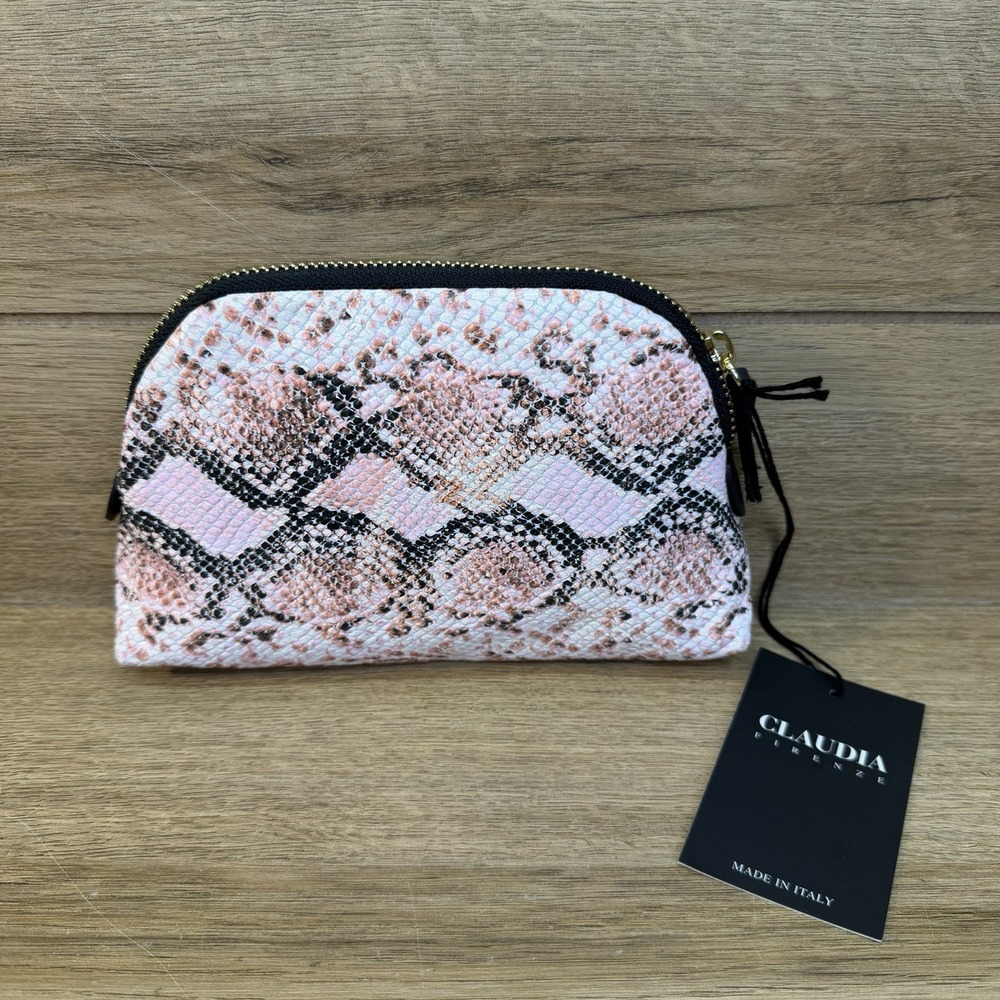 Claudia Firenze Zippered Makeup Pouch Pink White Snake Skin Italian Leather New